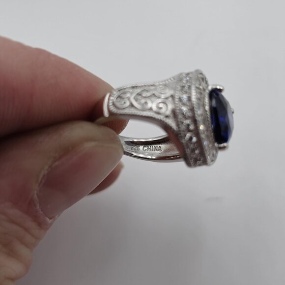 Size 5 Sterling Silver Blue Heart Cubic Zirconia Gem Ring A2874 - Picture 6 of 9
